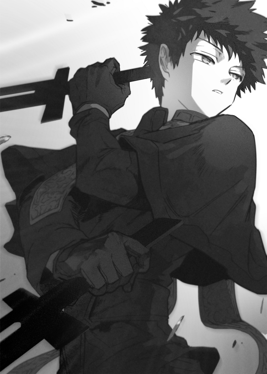 1boy, capelet, dual_wielding, fighting_stance, gloves, greyscale, hand_up, highres