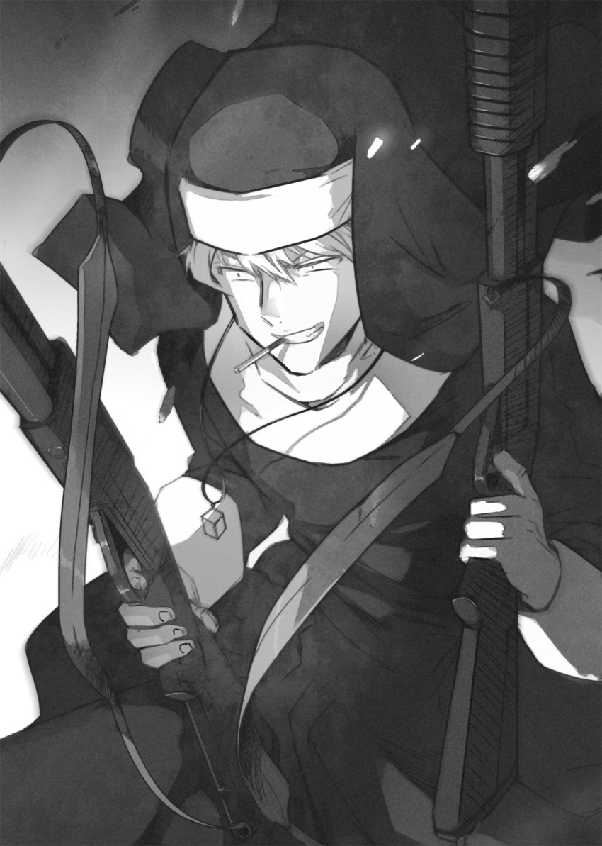 1boy, cigarette, cowboy_shot, crossdressing, cube, dress, dual_wielding, finger_on_trigger
