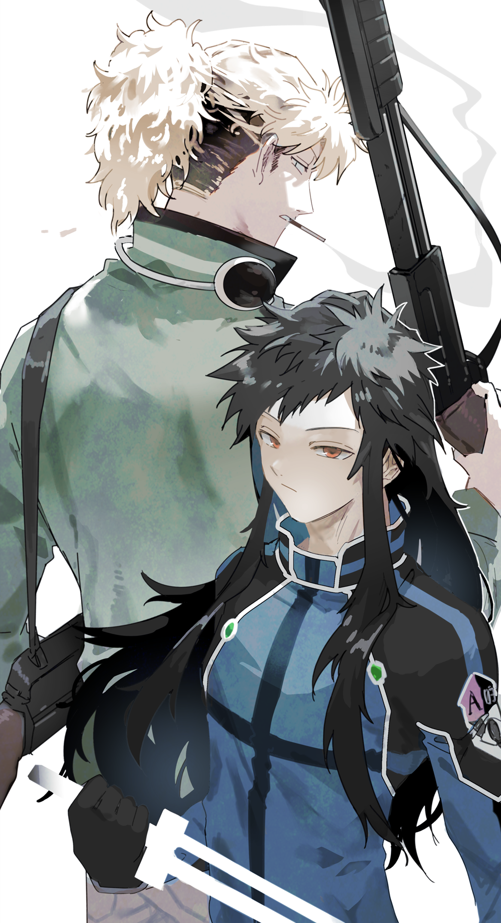 2boys, alternate_hair_length, alternate_hairstyle, badge, black_gloves, blowing_smoke, blue_jacket, cigarette