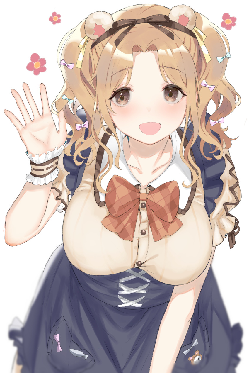 1girl, :d, absurdres, animal_ears, bow, breasts, brown_eyes, dress