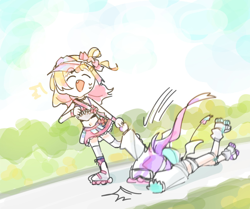 2girls, :d, \||/, ^_^, absurdres, accident, bare_arms, bare_shoulders, blonde_hair, blush, bow, bow_skirt, cheerleader, closed_eyes, clothes_writing, colored_inner_hair, commentary, demon_tail, demon_wings, english_commentary, eyeshadow, faceplant, facing_another, fallen_down, goggles, goggles_on_head, gradient_hair, highres, holding_hands, hololive, inline_skates, knee_pads, layered_skirt, legzy, long_hair, makeup, medium_hair, melting_tail, midriff, miniskirt, momosuzu_nene, momosuzu_nene_(4th_costume), multicolored_hair, multiple_girls, navel, official_alternate_costume, official_alternate_hairstyle, one_side_up, open_mouth, outdoors, pink_eyeshadow, pink_hair, pink_headwear, pink_sash, pink_skirt, purple_hair, roller_skates, sash, short_shorts, shorts, shrug_(clothing), sideways_hat, single_hair_ring, skates, skating, skirt, smile, strapless, sweatdrop, tail, tank_top, thigh-highs, tokoyami_towa, tokoyami_towa_(5th_costume), tripping, tube_top, virtual_youtuber, visor_cap, waist_bow, white_shorts, white_tank_top, white_thighhighs, white_tube_top, white_wings, wings, wrist_cuffs