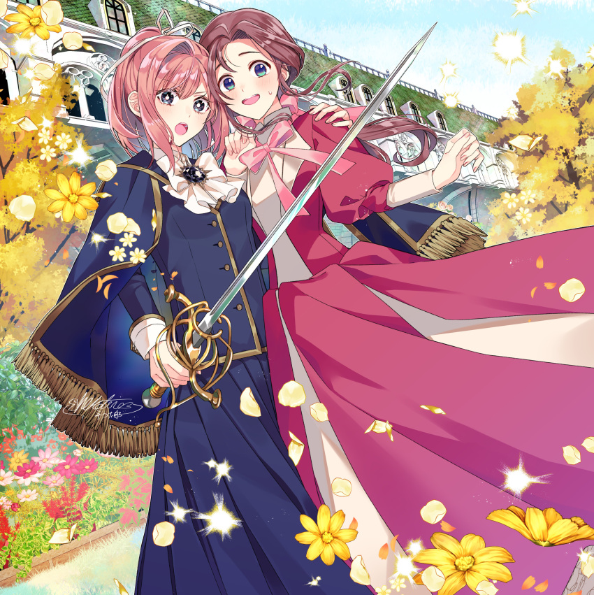 2girls, blue_dress, blush, bow, brown_hair, commentary, diana_(genkai_ol-san_wa_akuyaku_reijoh-sama_ni_tsukaetai), drawing_sword