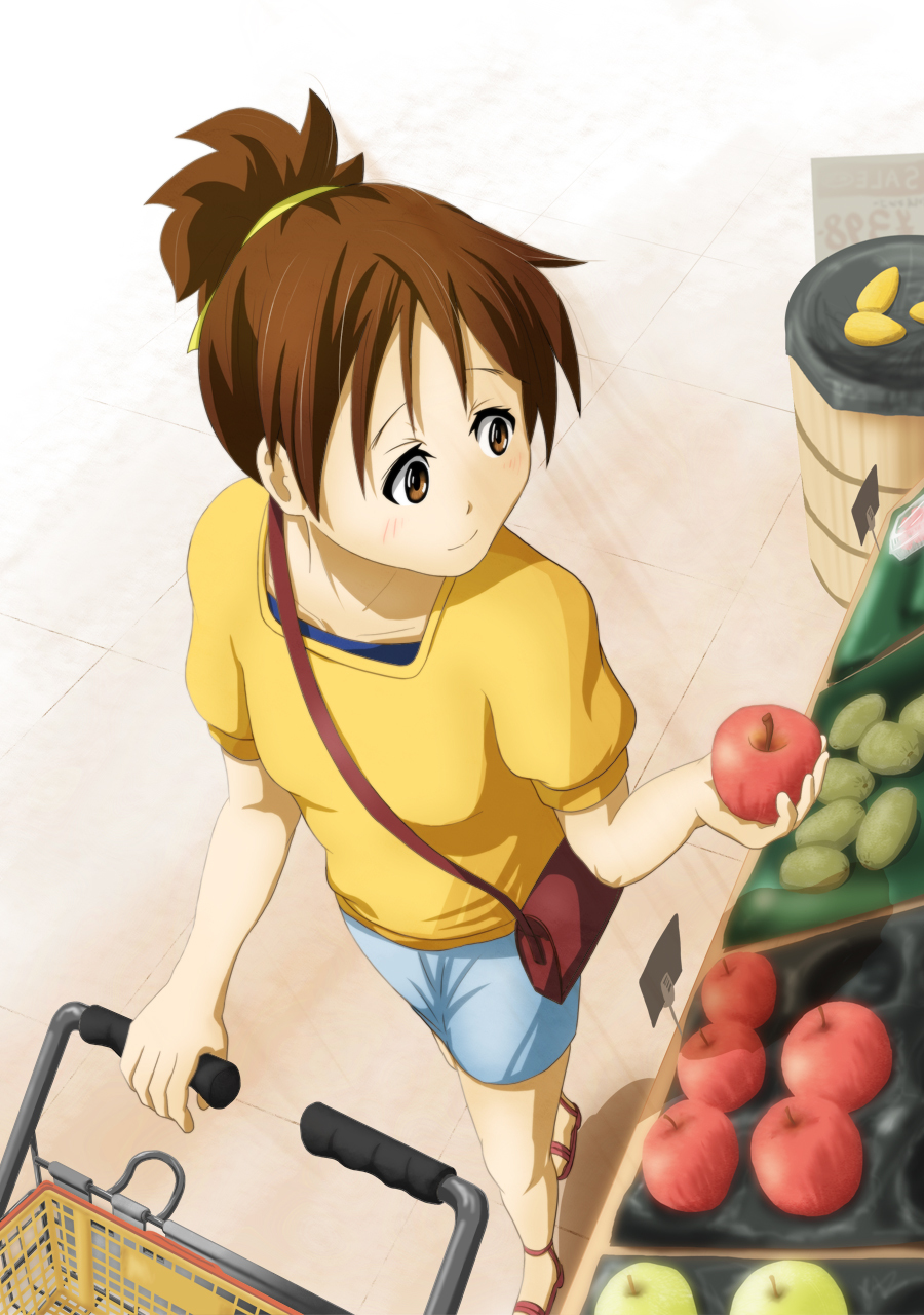 apple, brown_eyes, brown_hair, food, fruit, hirasawa_ui, k-on!, msics, ponytail, shopping, shopping_cart, short_hair
