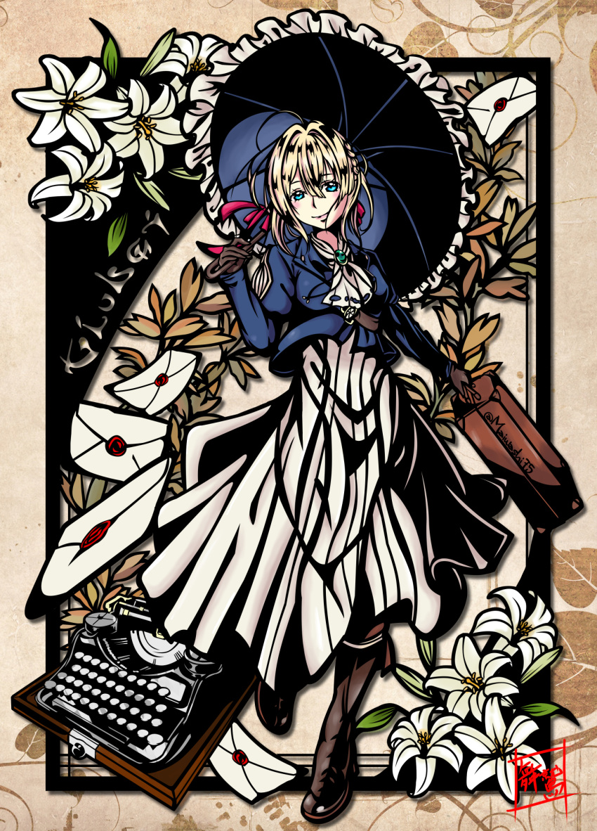 1girl, ahoge, ascot, blonde_hair, blue_eyes, blue_umbrella, blush, boots