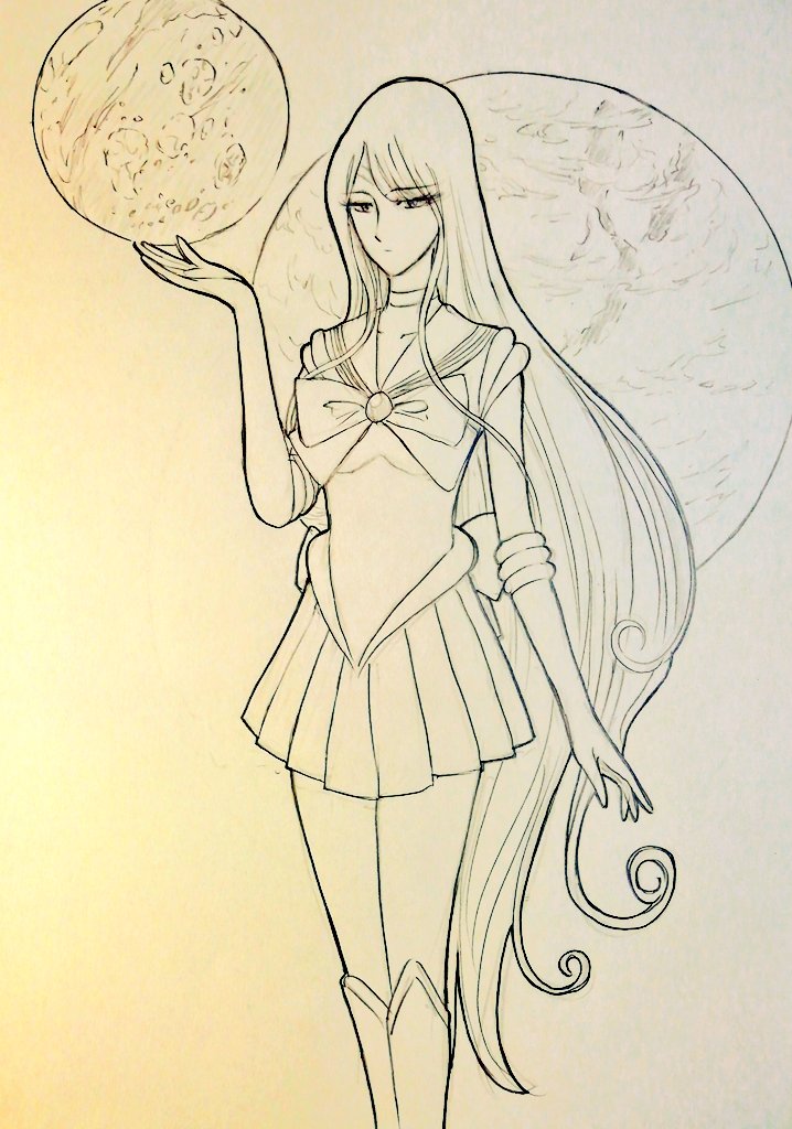 1girl, bishoujo_senshi_sailor_moon, boots, bow, bowtie, collarbone, commentary, cropped_legs, crossover, half-closed_eyes, hkt3ls4fhpvcygw, iscandar, knee_boots, long_hair, matsumoto_leiji_(style), monochrome, pleated_skirt, sailor_collar, sailor_senshi_uniform, sketch, skirt, solo, starsha, traditional_media, uchuu_senkan_yamato