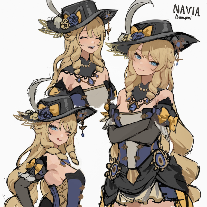 1girl, ;q, black_gloves, black_headwear, blonde_hair, blue_eyes, blue_gemstone, bunnyoki, closed_eyes, commentary, crossed_legs, drill_hair, drill_sidelocks, elbow_gloves, gem, genshin_impact, gloves, hat_feather, highres, long_hair, multiple_views, navia_(genshin_impact), one_eye_closed, sidelocks, smile, symbol-only_commentary, tongue, tongue_out, very_long_hair
