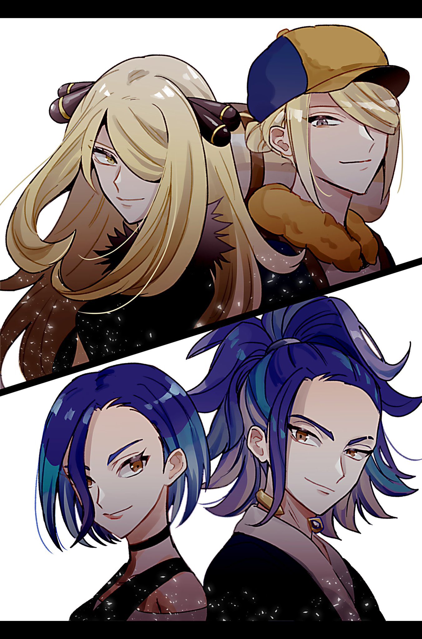2boys, 2girls, adaman_(pokemon), aqua_hair, blonde_hair, blue_hair, brown_eyes, choker, closed_mouth, cynthia_(pokemon), hair_ornament, hair_over_one_eye, hat, highres, jewelry, long_hair, looking_at_viewer, multicolored_hair, multiple_boys, multiple_girls, neck_ring, perrin_(pokemon), pokemon, pokemon_(game), pokemon_dppt, pokemon_legends:_arceus, pokemon_sv, ponytail, short_hair, simple_background, takigami_san, upper_body, volo_(pokemon), yellow_eyes