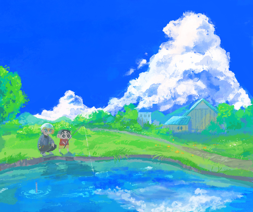 1boy, 1other, black_eyes, black_hair, black_pants, blue_hair, blue_sky, bright_pupils