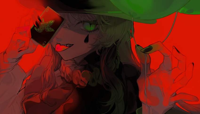 1other, alternate_costume, balloon, black_nails, card, commentary_request, covering_one_eye, envy_baby_(vocaloid)