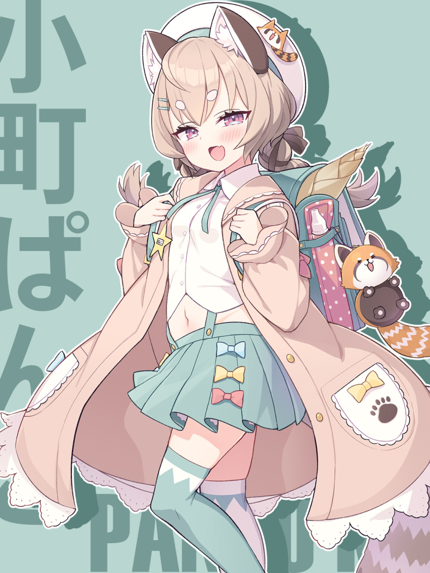 1girl, animal_ear_fluff, backpack, bag, beret, blue_bow, blush, bow