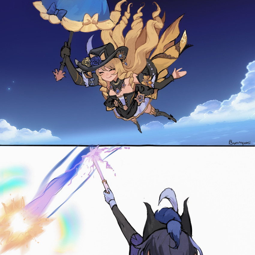 2girls, black_hair, black_headwear, blue_sky, blue_umbrella, bunnyoki, clorinde_(genshin_impact), closed_eyes