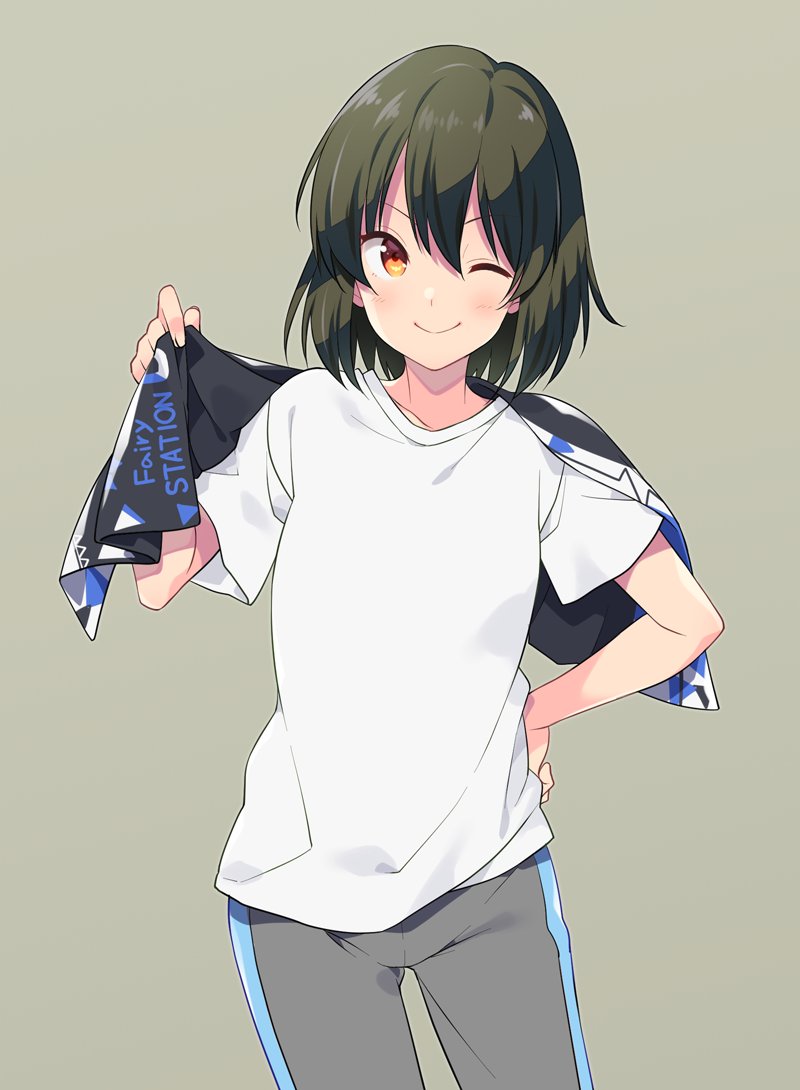 1girl, black_towel, blush, breasts, brown_eyes, closed_mouth, collarbone, cowboy_shot