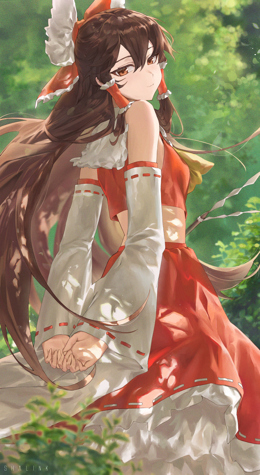 1girl, absurdres, arms_behind_back, bare_shoulders, bow, breasts, brown_eyes, brown_hair
