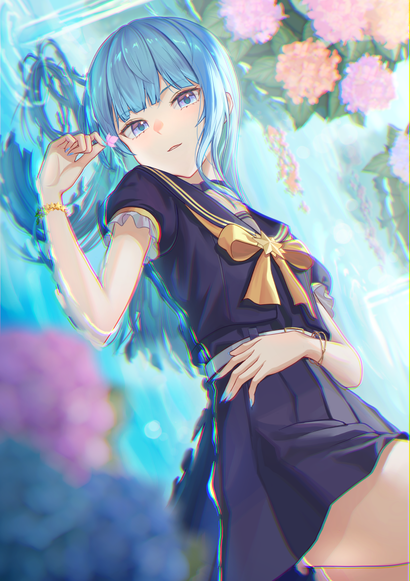 1girl, belt, black_choker, black_sailor_collar, black_serafuku, black_shirt, black_skirt, blue_eyes, blue_hair, blue_nails, blunt_bangs, boku_no_edamame, bow, bowtie, bracelet, choker, dutch_angle, flower, grey_belt, hololive, hoshimachi_suisei, hoshimachi_suisei_(4th_costume), jewelry, long_hair, looking_at_viewer, looking_to_the_side, lying, miniskirt, official_alternate_costume, on_back, parted_lips, pleated_skirt, puffy_short_sleeves, puffy_sleeves, sailor_collar, school_uniform, serafuku, shirt, short_sleeves, skirt, solo, very_long_hair, virtual_youtuber, water, yellow_bow, yellow_bowtie