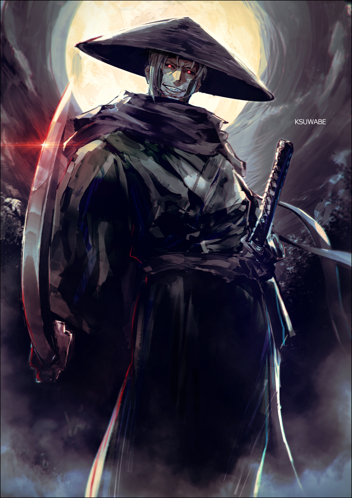 1boy, artist_name, black_gloves, commentary_request, evil_grin, evil_smile, feet_out_of_frame, full_moon, glint, gloves, glowing, glowing_eyes, grey_hair, grin, hakama, hakama_pants, hat, holding, holding_sword, holding_weapon, japanese_clothes, k-suwabe, katana, kimono, looking_at_viewer, male_focus, moon, night, night_sky, outdoors, pants, purple_scarf, red_eyes, rurouni_kenshin, samurai, scarf, sheath, sheathed, sky, smile, solo, standing, sword, teeth, udou_jin'e, weapon