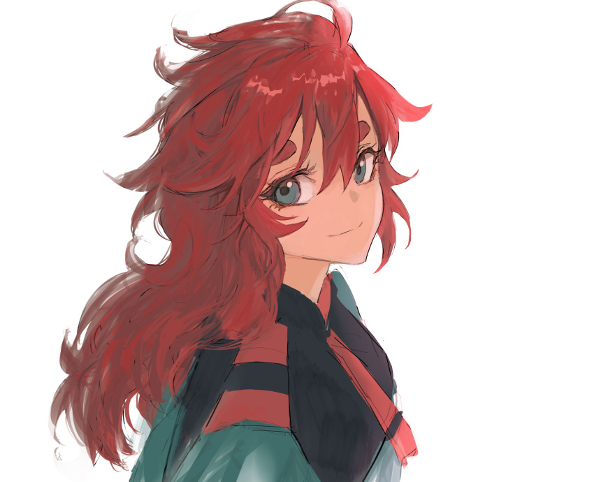 1girl, asticassia_school_uniform, flat_chest, from_side, green_eyes, green_jacket, gundam, gundam_suisei_no_majo, hair_between_eyes, highres, jacket, long_hair, looking_at_viewer, necktie, red_necktie, redhead, school_uniform, she_(morianosu), smile, solo, suletta_mercury, thick_eyebrows, white_background