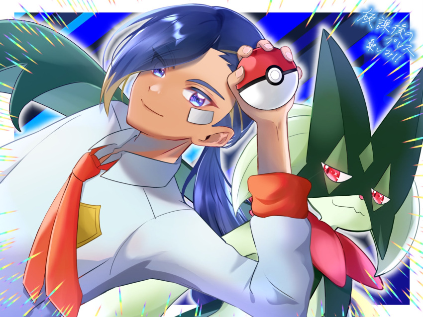 1boy, aliquis_(pokemon), arm_up, bandaid, bandaid_on_face, blue_eyes, blue_hair, closed_mouth