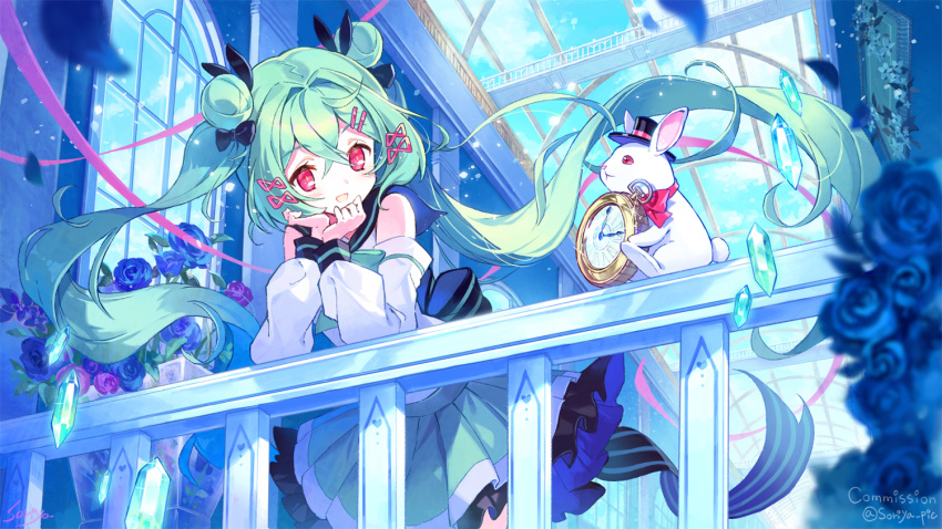 1girl, against_railing, back_bow, bare_shoulders, black_bow, black_headwear, blue_bow, blue_flower