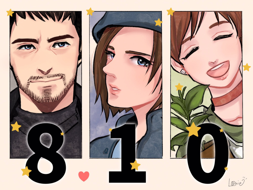 1boy, 2girls, beard, beret, black_hair, black_shirt, blue_eyes, brown_hair, choker, chris_redfield, earrings, facial_hair, hat, heart, highres, jewelry, jill_valentine, looking_at_viewer, lovers_nero, multiple_girls, open_mouth, pink_choker, rebecca_chambers, resident_evil, resident_evil_0, resident_evil_1, resident_evil_village, shirt, short_hair, smile, star_(symbol), twitter_username