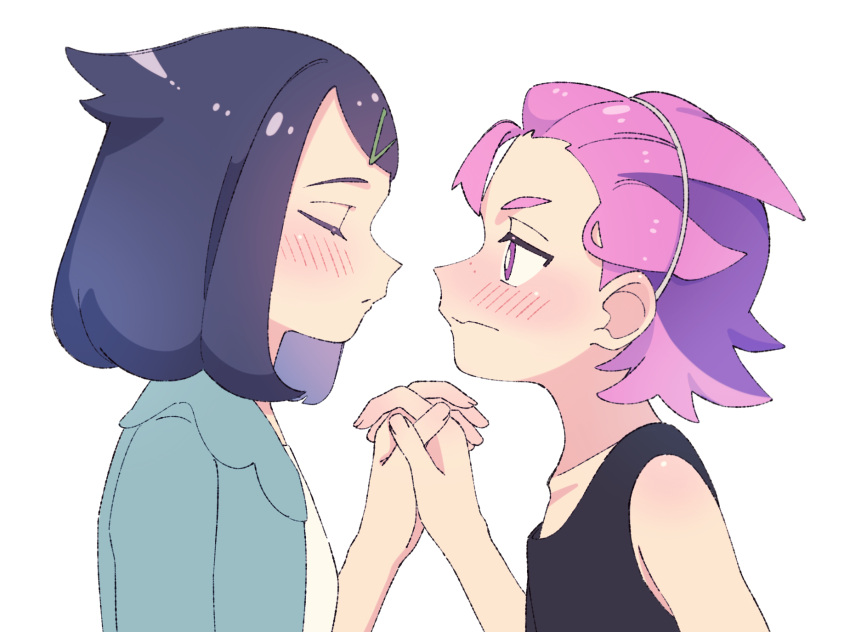 2girls, androgynous, black_hair, black_shirt, blush, bright_pupils, closed_eyes, closed_mouth, commentary_request, cowlick, dot_(pokemon), freckles, from_side, green_jacket, hair_ornament, hairclip, hand_up, highres, holding_hands, jacket, kana_(kanna_runa0620), liko_(pokemon), looking_at_another, multiple_girls, pink_hair, pokemon, pokemon_(anime), pokemon_horizons, shirt, short_hair, simple_background, sleeveless, sleeveless_shirt, upper_body, violet_eyes, white_background, white_pupils, white_shirt, yuri