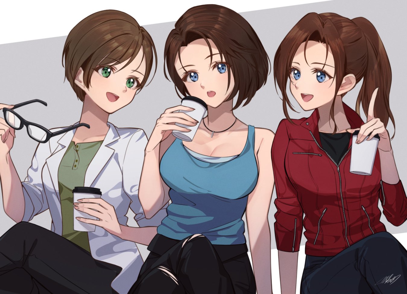 3girls, :o, arm_support, black_pants, black_shirt, blue_eyes, blue_tank_top, breasts