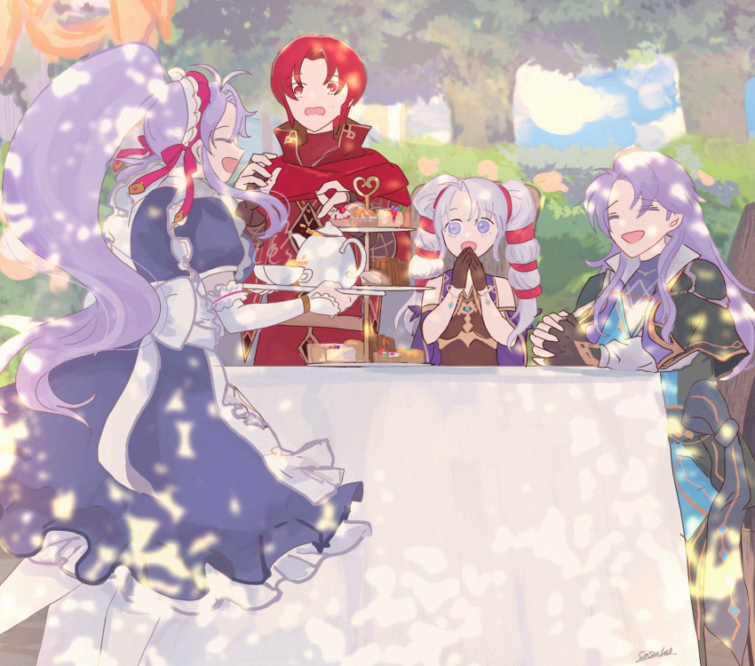 2boys, 2girls, apron, arthur_(fire_emblem), azelle_(fire_emblem), bare_shoulders, black_gloves, blue_dress