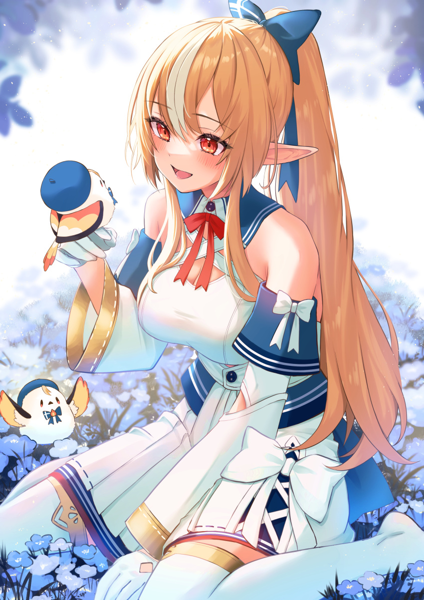 1girl, absurdres, bird, blonde_hair, dark_skin, dress, elfriend_(shiranui_flare), gloves