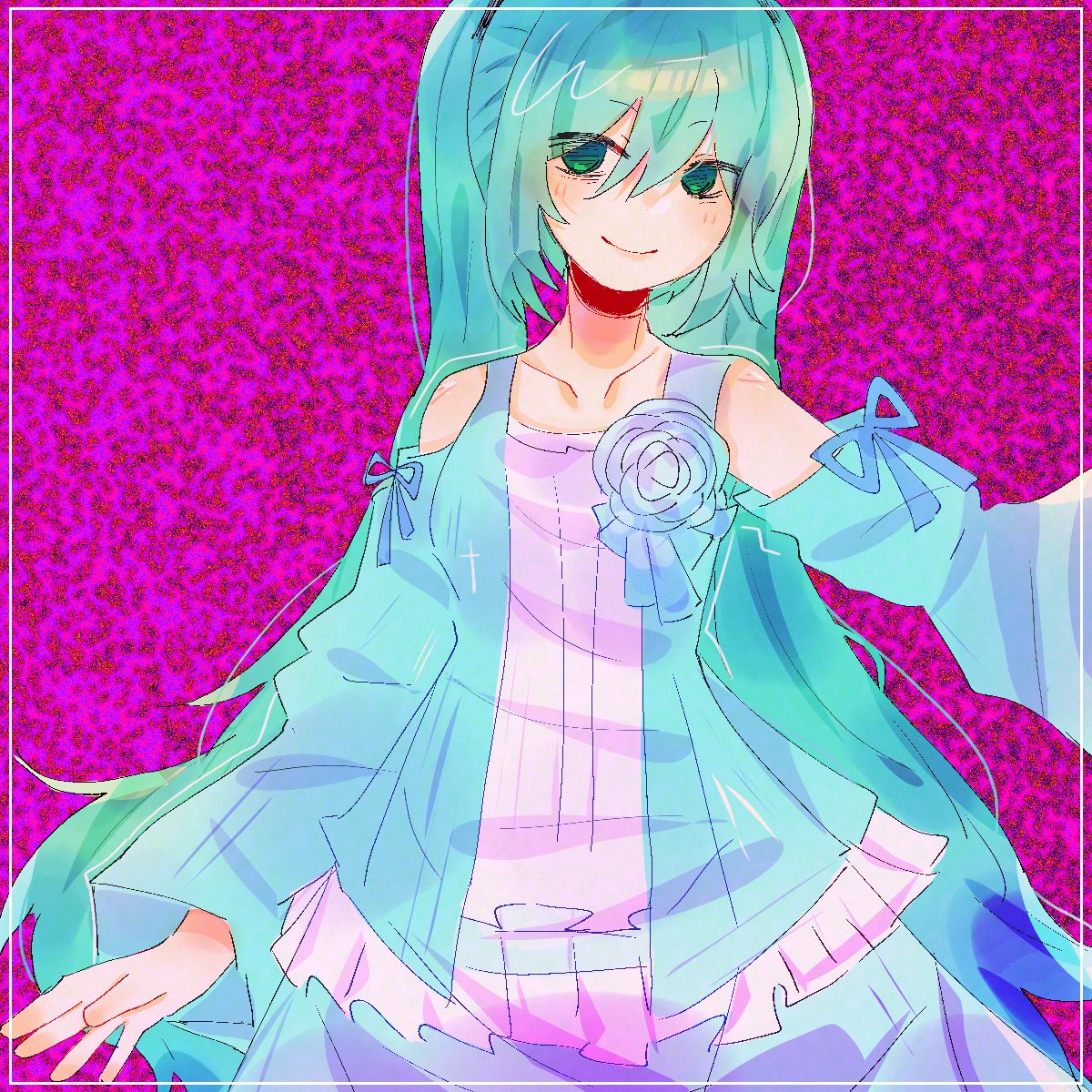 aqua_dress, aqua_eyes, aqua_hair, bags_under_eyes, bare_shoulders, blue_flower, blue_rose, clothing_cutout, collarbone, dress, dress_flower, empty_eyes, evil_smile, evillious_nendaiki, false_smile, flower, frilled_dress, frills, green_eyes, hatsune_miku, head_tilt, highres, long_hair, looking_at_viewer, margarita_blankenheim, nemurase_hime_kara_no_okurimono_(vocaloid), neon_palette, ng_huy_hoang, pink_background, rose, shoulder_cutout, smile, static, very_long_hair, vocaloid, wide_sleeves