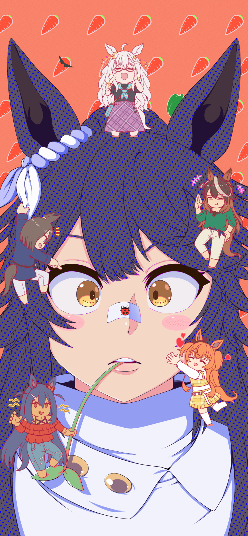 6+girls, absurdres, air_groove_(umamusume), animal_ears, banana, bandaid, bandaid_on_face, bandaid_on_nose