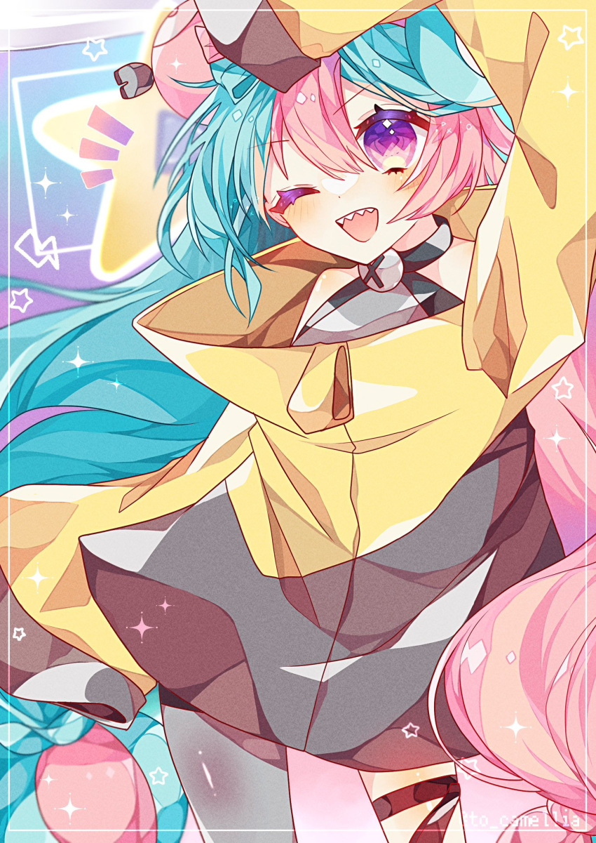 1girl, blue_hair, blush, bow-shaped_hair, character_hair_ornament, hair_ornament, highres, iono_(pokemon), jacket, lightning_bolt_symbol, long_hair, multicolored_hair, one_eye_closed, open_mouth, pantyhose, patterned_background, pink_hair, pokemon, pokemon_(game), pokemon_sv, single_leg_pantyhose, sleeves_past_fingers, sleeves_past_wrists, solo, sparkle, star_(symbol), teeth, thigh_strap, to_camellia, twintails, two-tone_hair, upper_teeth_only, violet_eyes, yellow_jacket