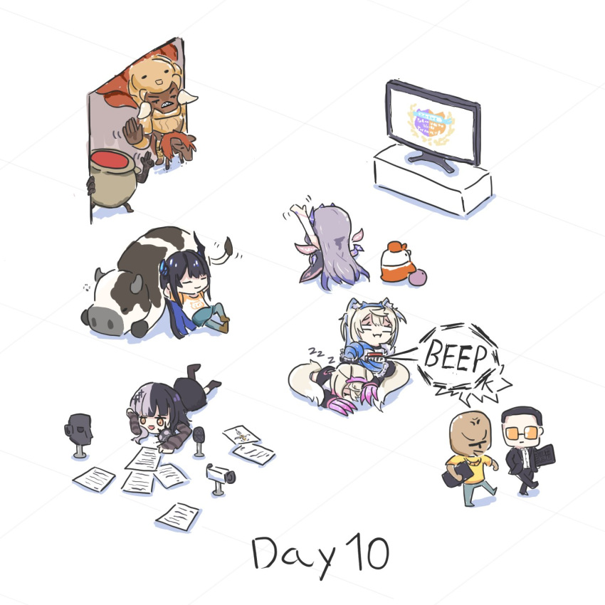 5girls, character_request, cow, elden_ring, english_text, frown, fuwawa_abyssgard, highres, holoadvent, hololive, hololive_english, iron_fist_alexander, isometric, kfp_employee_(takanashi_kiara), koseki_bijou, lying, microphone, mococo_abyssgard, multiple_girls, nerissa_ravencroft, on_stomach, paper, pebble, push-button, reading, shiori_novella, simple_background, sleeping, speech_bubble, ta_wam, television, valstrax, waving, white_background, zzz