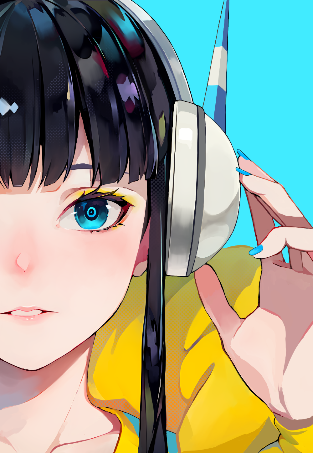 1girl, aqua_background, aqua_nails, black_hair, blunt_bangs, commentary, elesa_(pokemon), eyelashes