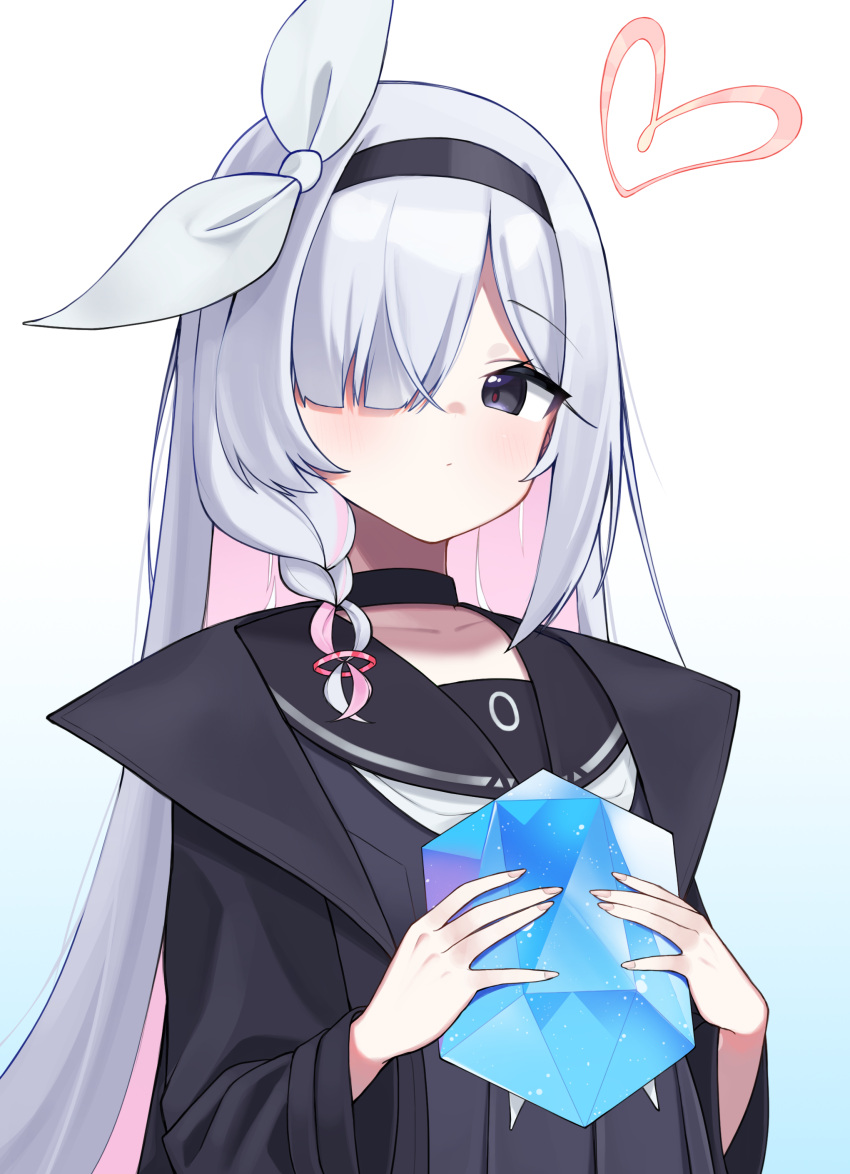 1girl, absurdres, black_eyes, blue_archive, blush, bow, braid, choker, expressionless, hair_bow, hair_over_one_eye, hairband, heart, highres, holding_crystal, jacket, long_hair, looking_at_viewer, mirami_(tatarim39), plana_(blue_archive), school_uniform, serafuku, side_braid, solo, upper_body, white_hair