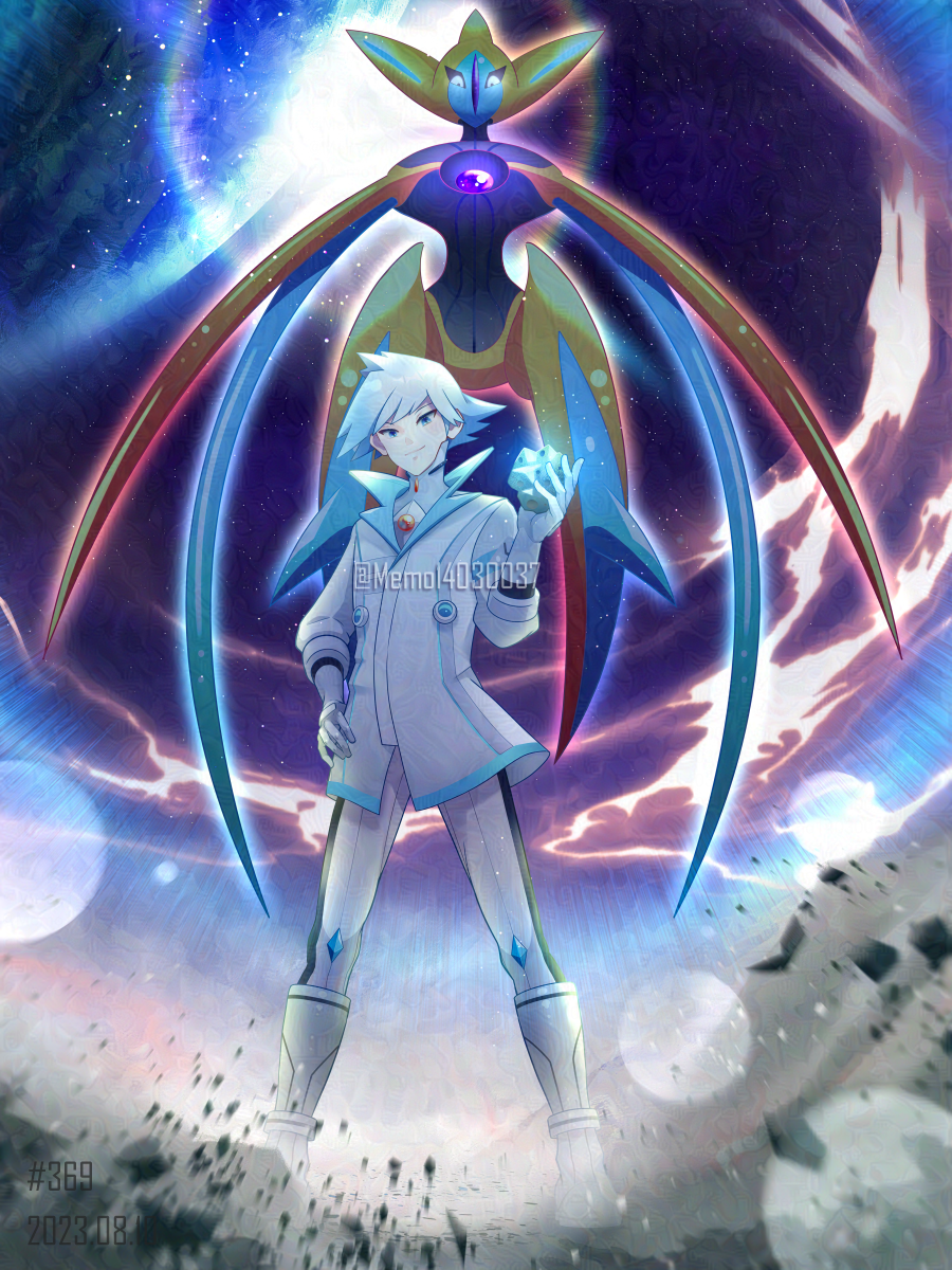 1boy, blurry, boots, closed_mouth, coat, commentary_request, deoxys, deoxys_(attack)