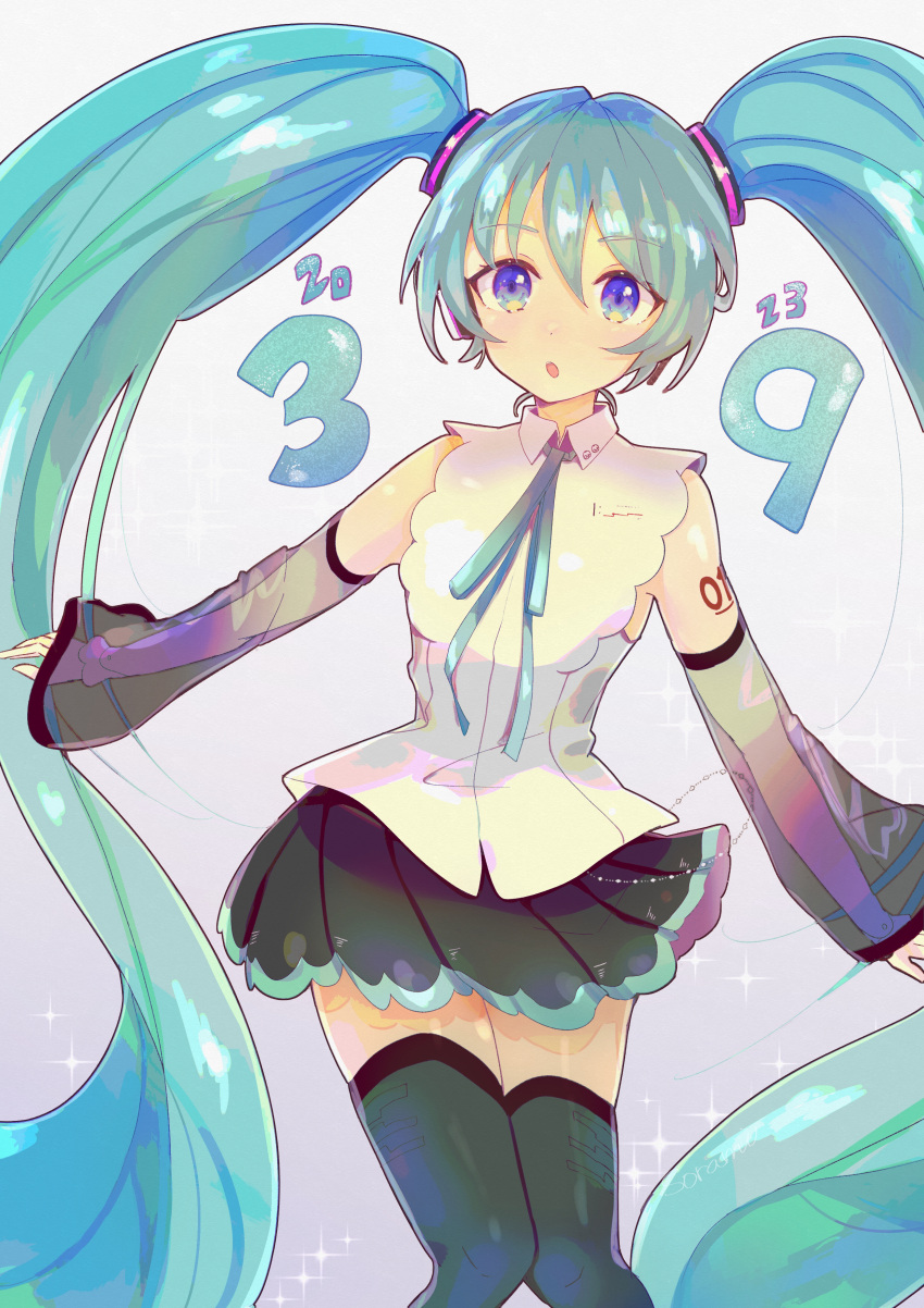 1girl, 39, 2023, absurdres, blue_eyes, blue_hair, collared_shirt, detached_sleeves