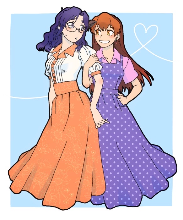 2girls, alternate_costume, apron, blue_background, blush, border, casual, collared_shirt