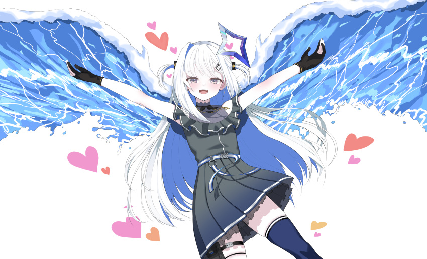 1girl, absurdres, amane_kanata, bare_shoulders, belt, black_dress, black_gloves, blue_hair