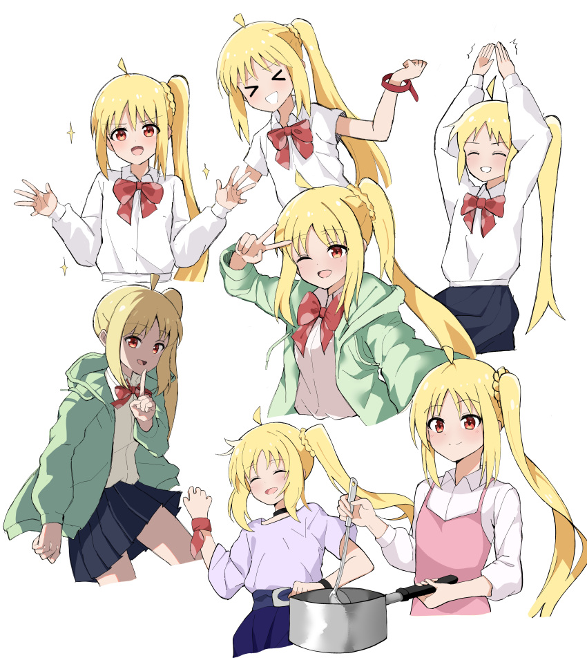 >_<, 1girl, absurdres, ahoge, apron, arms_up, blonde_hair, blue_skirt