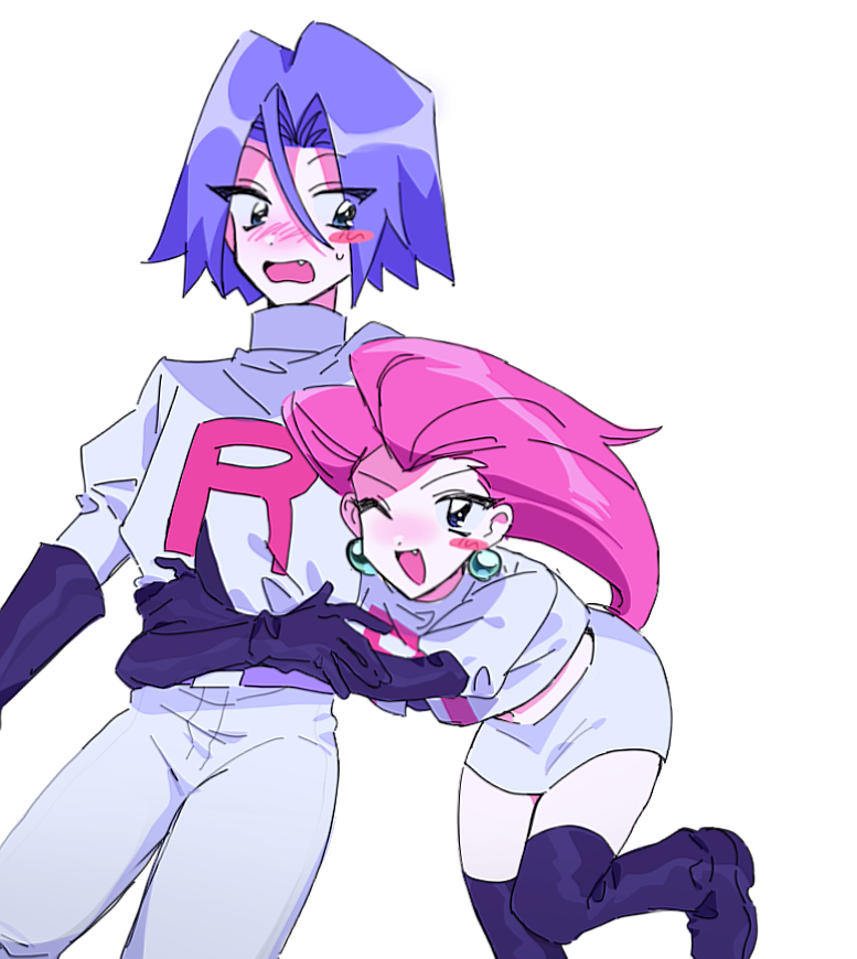 1boy, 1girl, blue_hair, blush, embarrassed, green_eyes, happy, hug, james_(pokemon), jessie1145, jessie114514, jessie_(pokemon), pink_hair, pokemon, pokemon_(anime), team_rocket, white_background