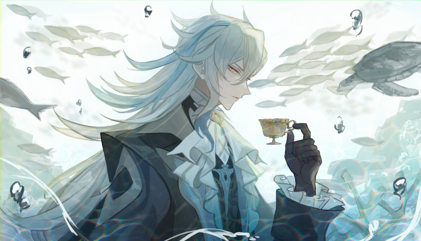 1boy, air_bubble, ascot, black_coat, black_gloves, blue_gemstone, blue_hair, brooch