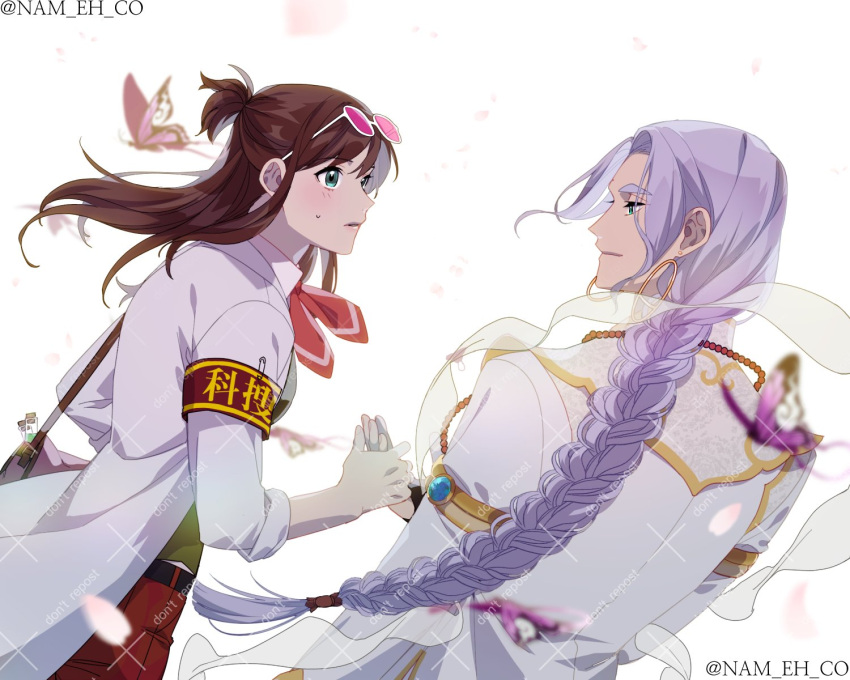 1boy, 1girl, ace_attorney, aqua_eyes, arm_at_side, armband, bag, bead_necklace