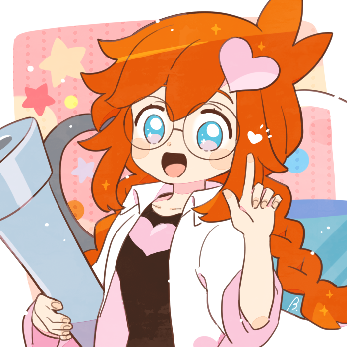 1girl, bebe_0620, black_shirt, blue_eyes, blush_stickers, border, braid, coat, collarbone, eyelashes, fingernails, hair_ornament, heart, heart_hair_ornament, heart_print, lab_coat, long_hair, open_mouth, penny_crygor, redhead, round_eyewear, shirt, solo, twin_braids, twintails, upper_body, warioware, white_border, white_coat