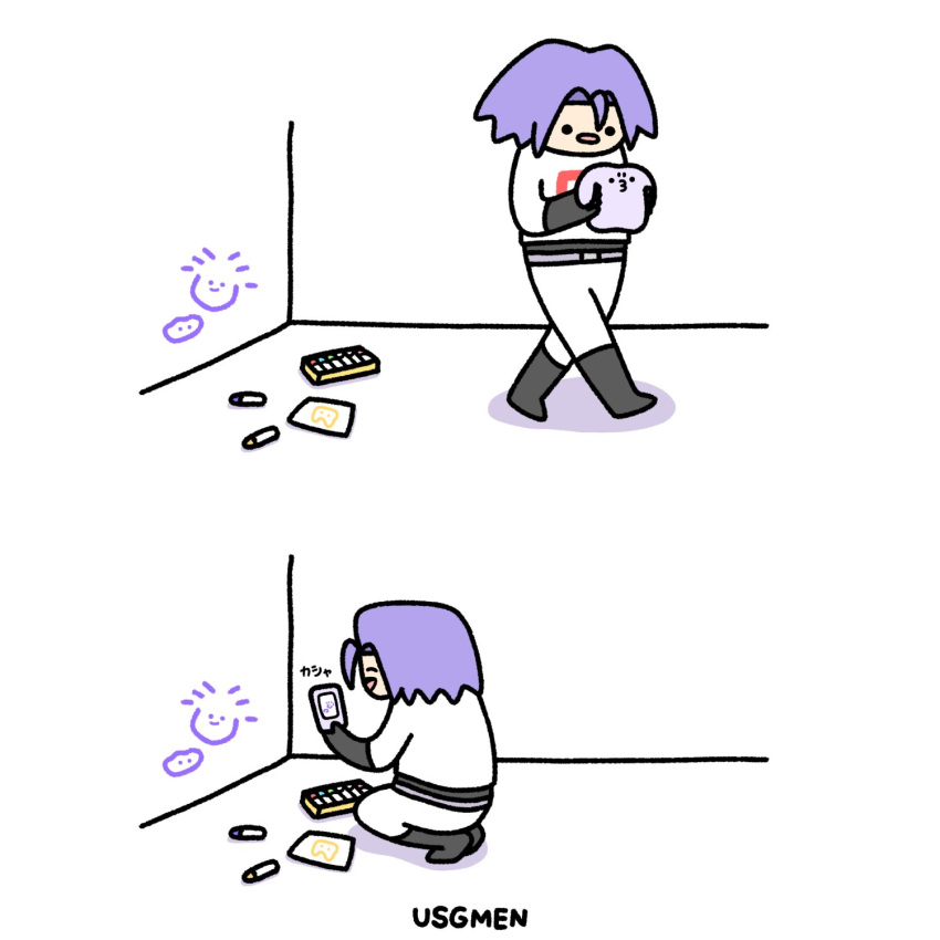 1boy, cellphone, ditto, drawing, happy, highres, holding, holding_phone, james_(pokemon), pen, phone, pokemon, pokemon_(anime), pokemon_(creature), usgmen, wall