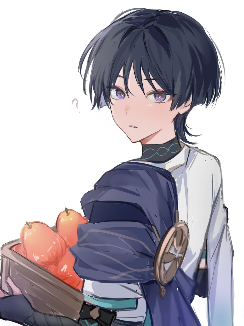 1boy, ?, absurdres, armor, black_hair, food, fruit, genshin_impact