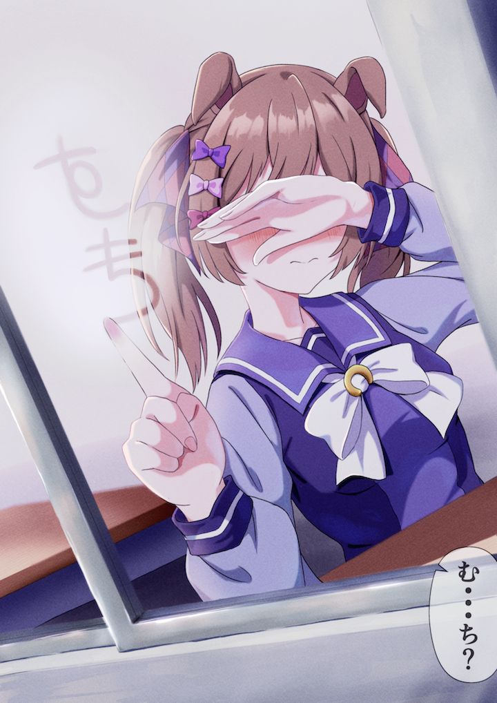 1girl, animal_ears, blush, breasts, brown_hair, classroom, closed_mouth, collarbone