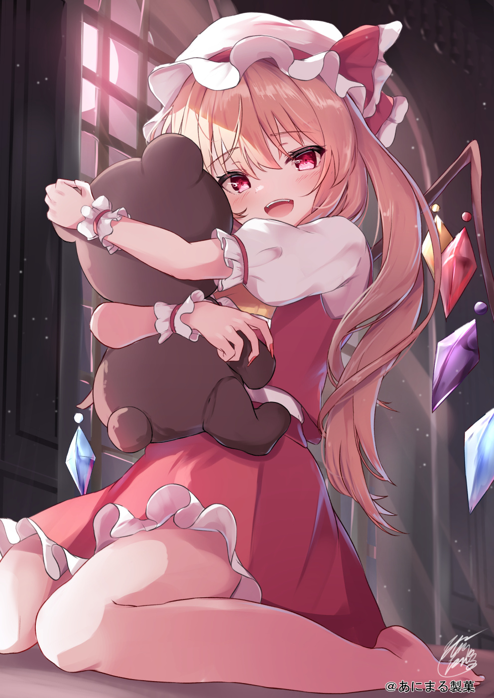 1girl, barefoot, blonde_hair, blush, crystal, fingernails, flandre_scarlet, hair_between_eyes