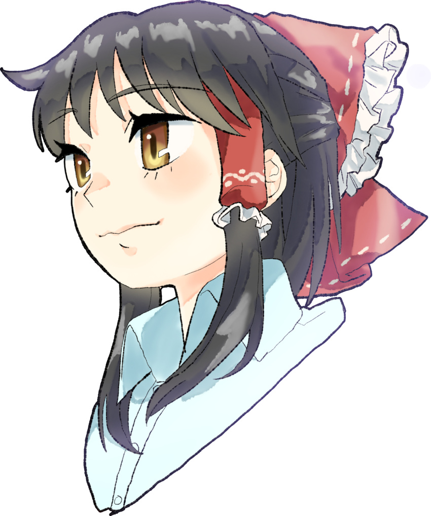 1girl, bow, brown_eyes, closed_mouth, collared_shirt, commentary_request, cookie_(touhou), frilled_hair_tubes