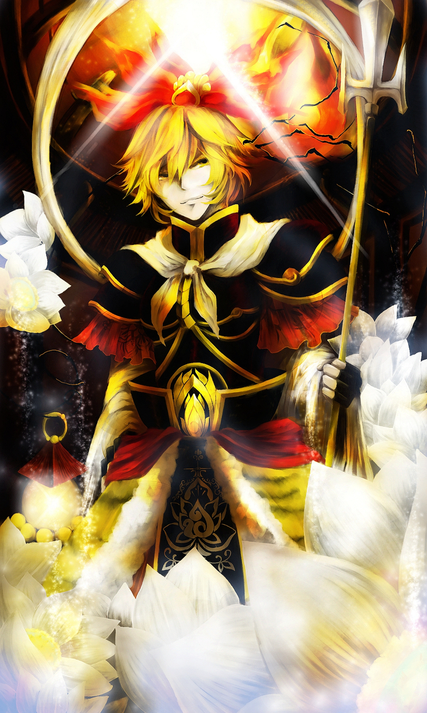 alternate_costume, androgynous, armor, bishamonten_(cosplay), blonde_hair, collie, genderswap, hair_ornament