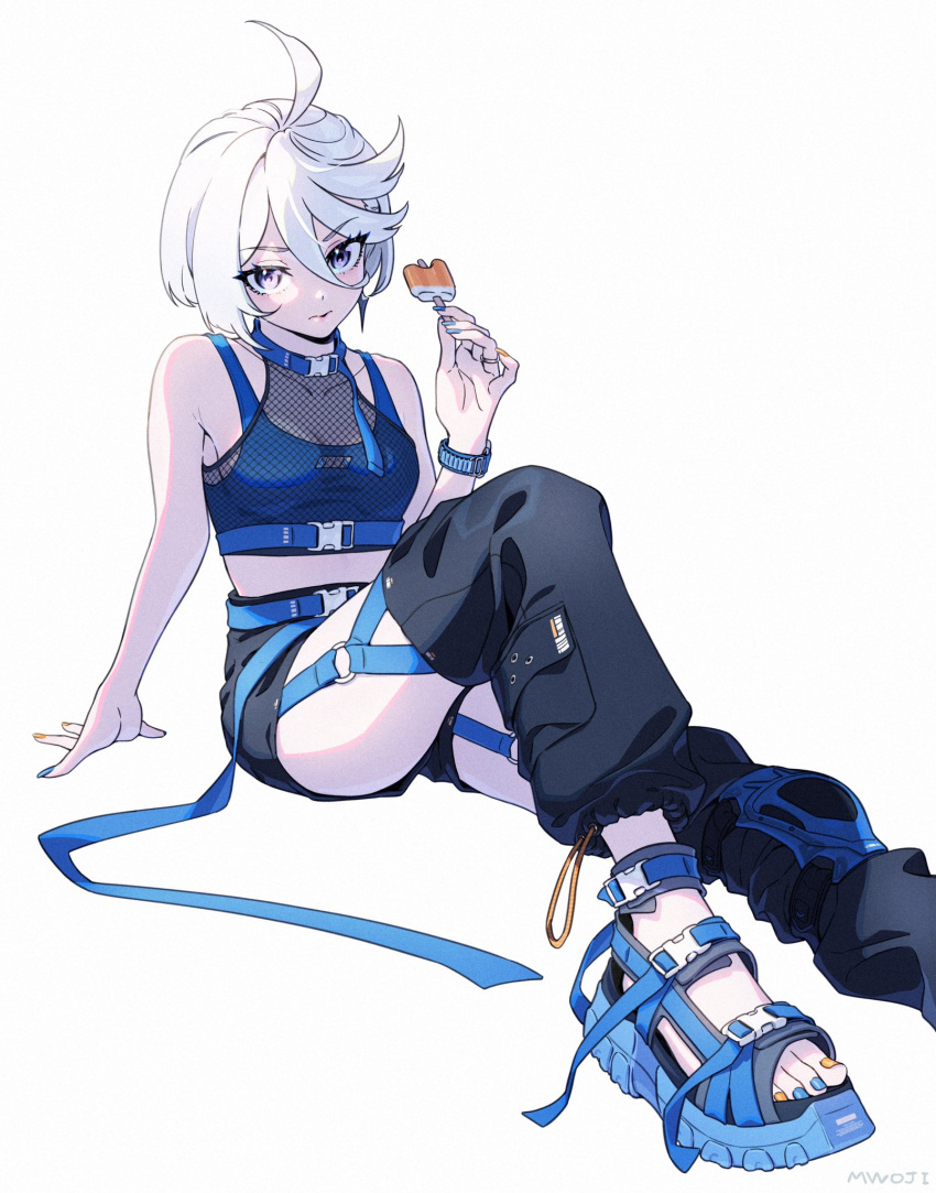 1girl, ahoge, food, gundam, gundam_suisei_no_majo, highres, miorine_rembran, mwoji, nail_polish, popsicle, short_hair, shorts, simple_background, sitting, solo, violet_eyes, watch, watch, white_background, white_hair
