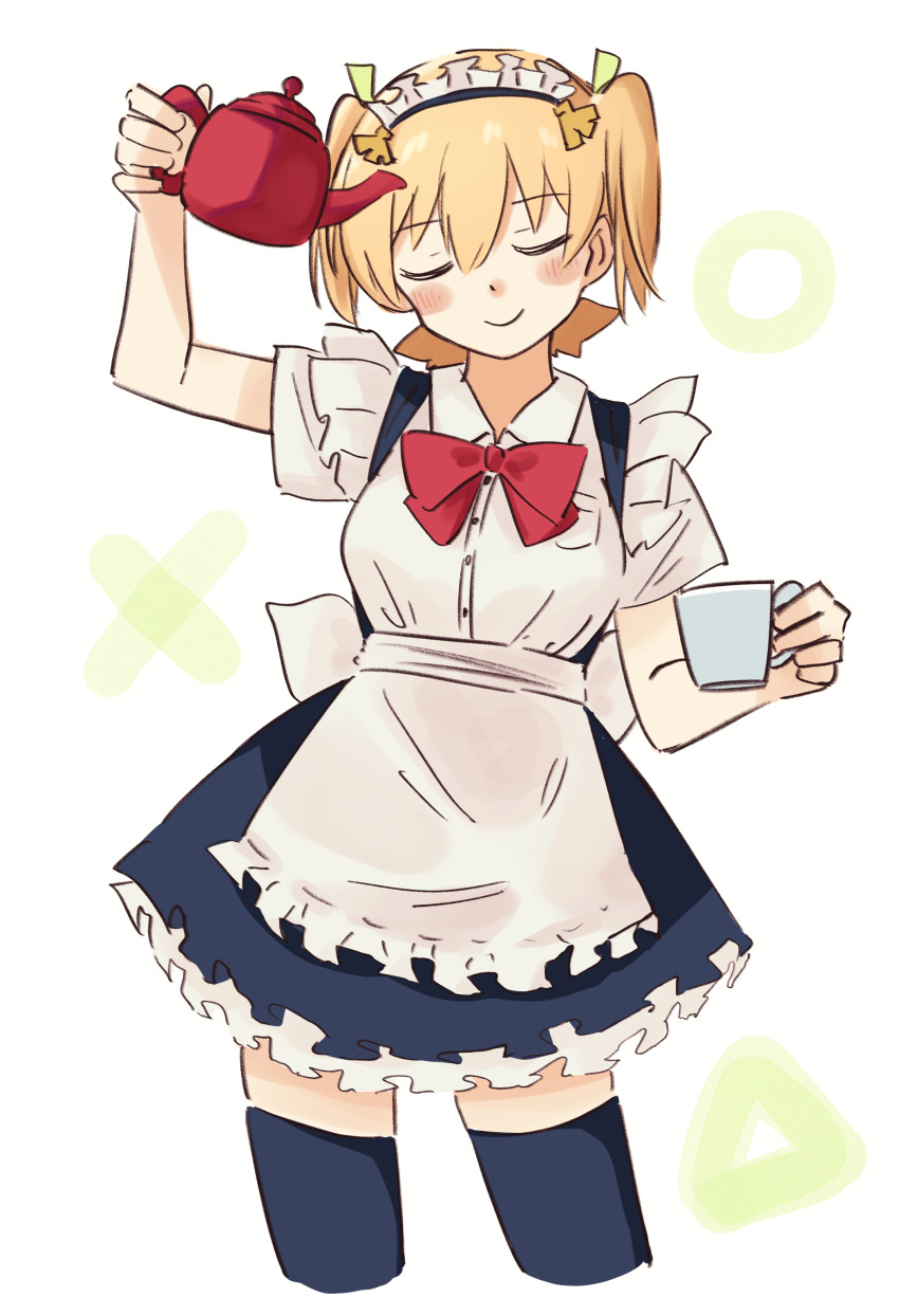 1girl, absurdres, alternate_costume, apron, arm_up, banana_hair_ornament, black_dress, black_thighhighs